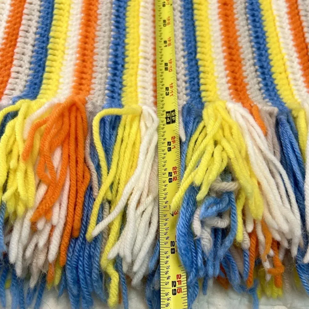 Handmade Vintage Cottagecore Orange Yellow Blue & White Afghan Blanket 56 x 41”